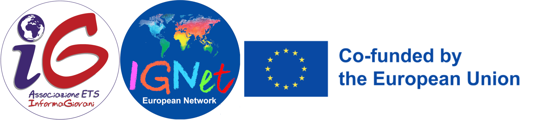Three logos. IG Association, IGNet Network with a coloured world map and the european flag with the text 