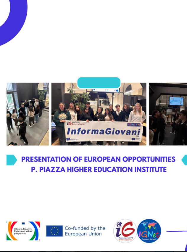 Collage di tre foto della presentazione delle opportunità europee all'Istituto P. Piazza, con studenti e volontari che reggono lo striscione di InformaGiovani.